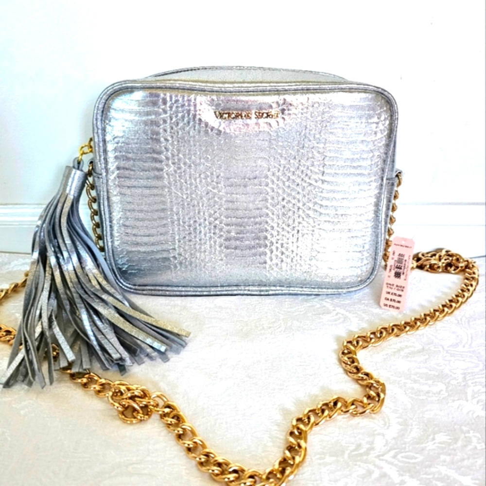 Victoria's Secret Metallic Silver Faux Snake Skin Crossbody Bag - Brand …